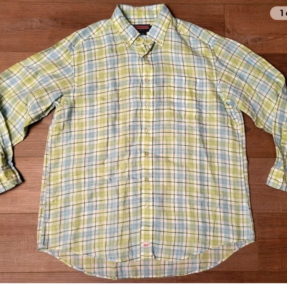 Vineyard Vines Men’s Linen Murray Shirt, Light Green & Blue, Large